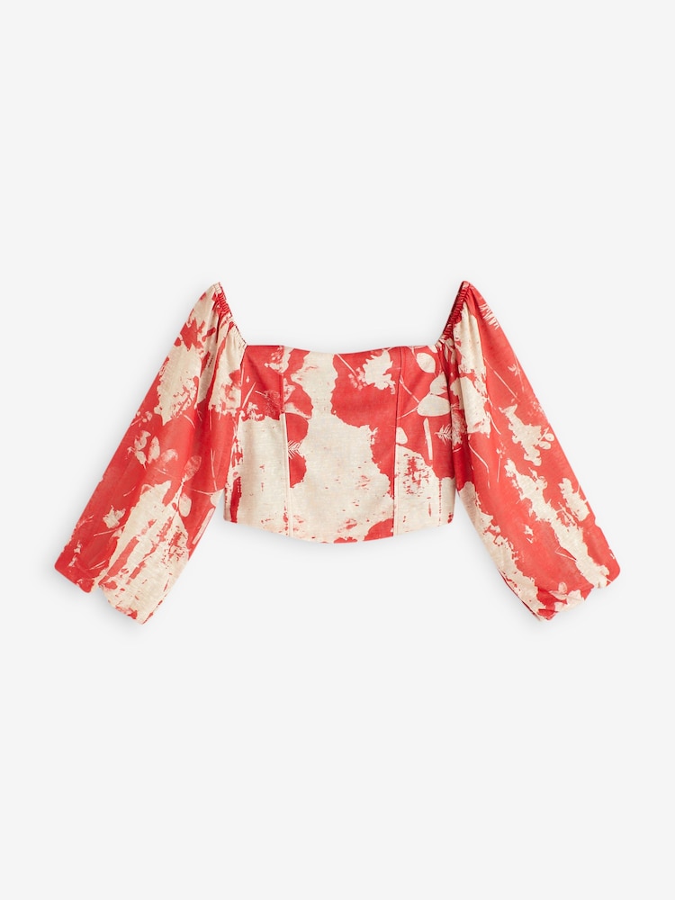 Red Floral Occasion Sweetheart Puff Sleeve Top - Image 6 of 6
