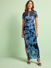 Navy Blue Cyanotype Ruched Mesh Split Maxi Skirt - Image 1 of 6
