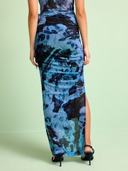 Navy Blue Cyanotype Ruched Mesh Split Maxi Skirt - Image 2 of 6