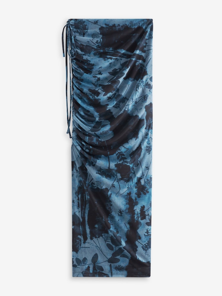 Navy Blue Cyanotype Ruched Mesh Split Maxi Skirt - Image 6 of 6