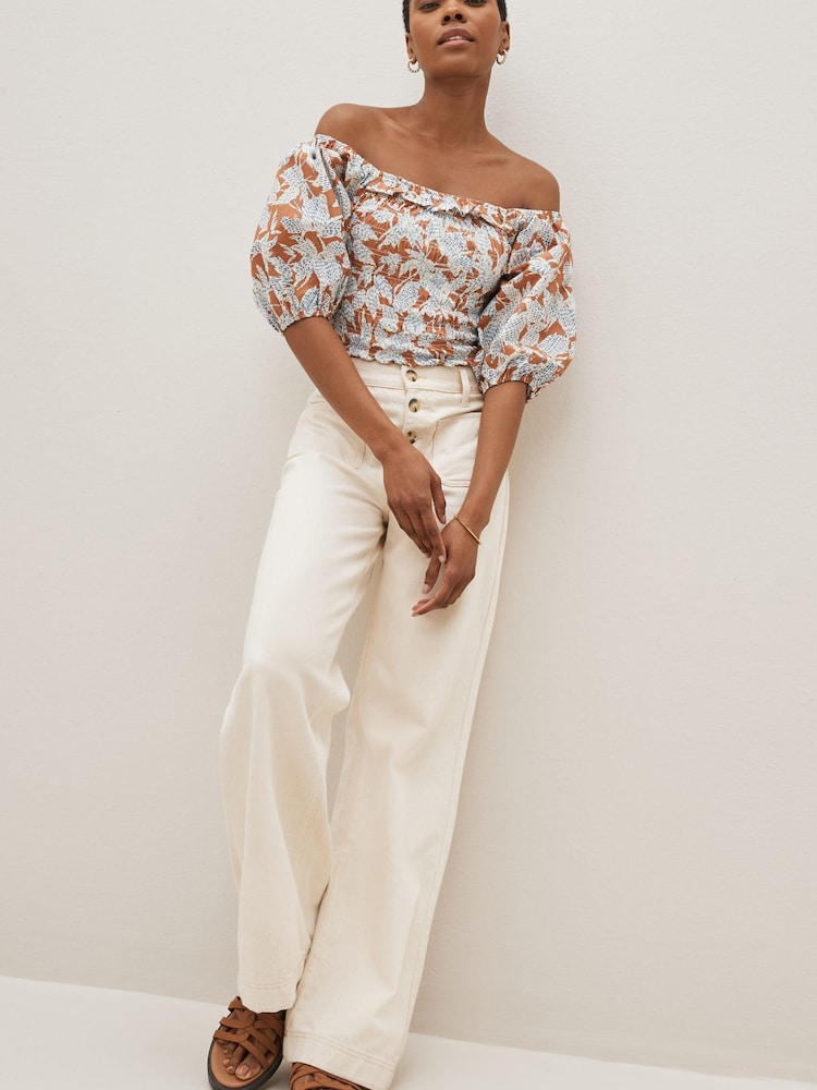 Brown Leaf 100% Cotton Puff Sleeve Square Neck Off Shoulder Summer Top - Image 1 of 4