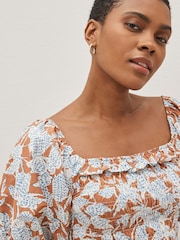 Brown Leaf 100% Cotton Puff Sleeve Square Neck Off Shoulder Summer Top - Image 3 of 4