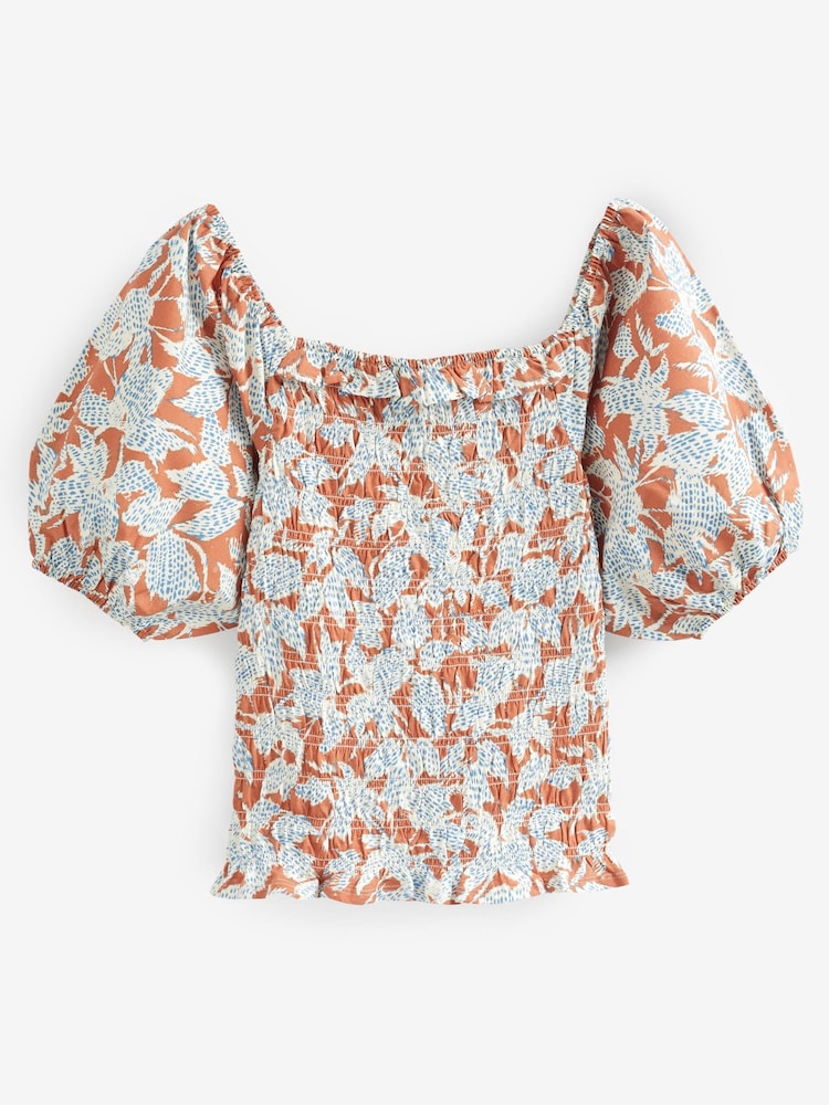 Brown Leaf 100% Cotton Puff Sleeve Square Neck Off Shoulder Summer Top - Image 4 of 4
