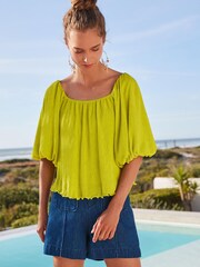 Lime Green Off Shoulder Bardot Plisse Top - Image 2 of 5