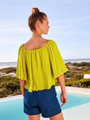 Lime Green Off Shoulder Bardot Plisse Top - Image 3 of 5
