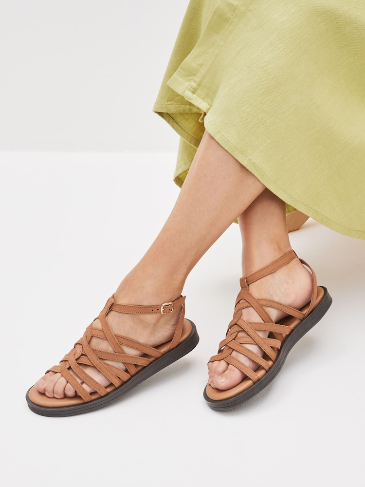Tan Brown Extra Wide Fit Forever Comfort® Woven Leather Gladiator Low Platform Sandals - Image 1 of 5