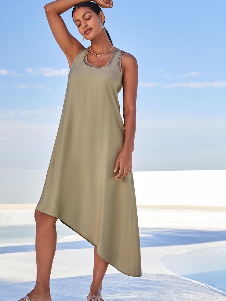 Sage Green Asymmetric Shine Scoop Neck Summer Dress - Image 1 of 6