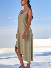 Sage Green Asymmetric Shine Scoop Neck Summer Dress - Image 2 of 6