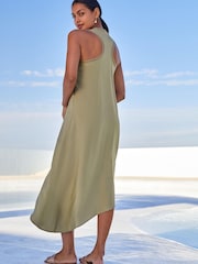 Sage Green Asymmetric Shine Scoop Neck Summer Dress - Image 3 of 6