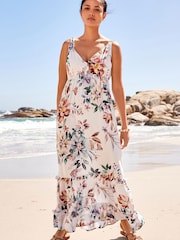 White Floral Halter Plunge Maxi Summer Dress - Image 1 of 7