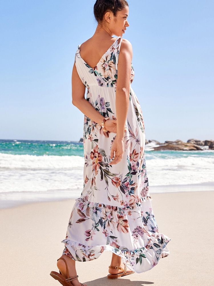 White Floral Halter Plunge Maxi Summer Dress - Image 2 of 7