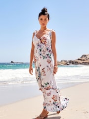 White Floral Halter Plunge Maxi Summer Dress - Image 3 of 7