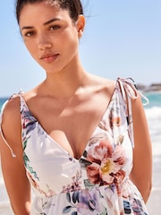 White Floral Halter Plunge Maxi Summer Dress - Image 4 of 7