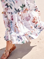 White Floral Halter Plunge Maxi Summer Dress - Image 5 of 7