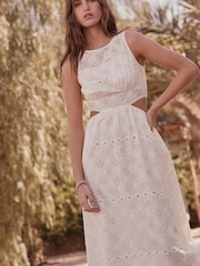 White Broderie 100% Cotton Sleeveless Cut-Out Midi Dress - Image 1 of 6