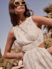 White Broderie 100% Cotton Sleeveless Cut-Out Midi Dress - Image 2 of 6