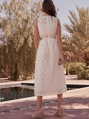 White Broderie 100% Cotton Sleeveless Cut-Out Midi Dress - Image 3 of 6