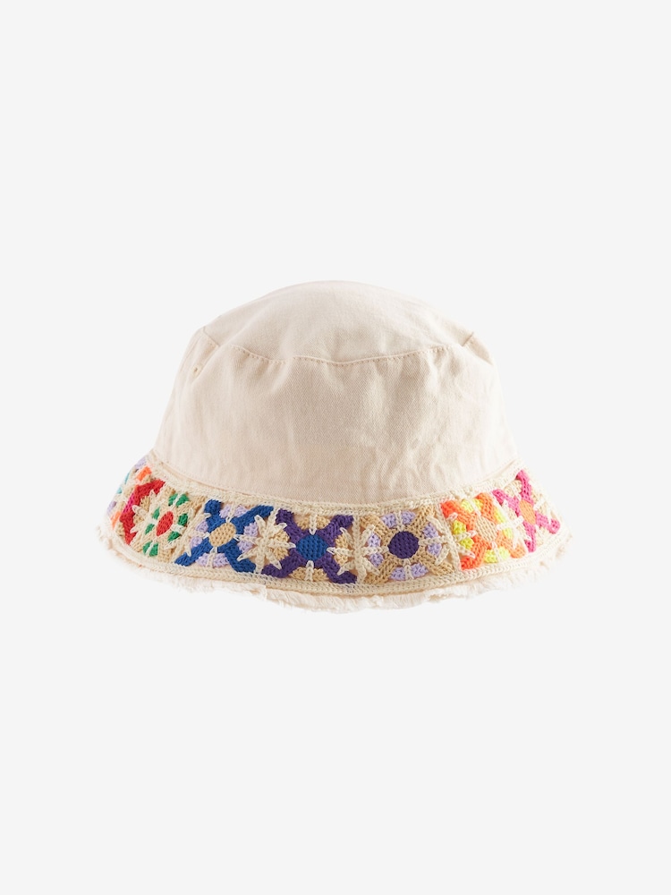 Neutral Crochet Trim 100% Cotton Bucket Hat (3-16yrs) - Image 1 of 2 Neutral Crochet Trim 100% Cotton Bucket Hat (3-16yrs) - Image 1 of 2