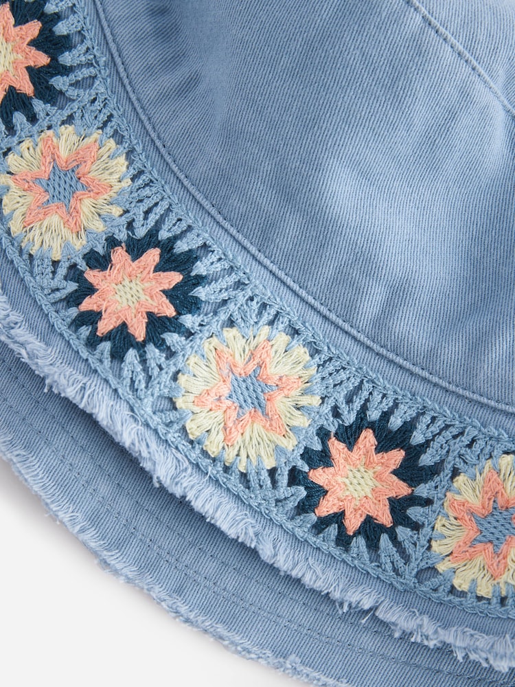 Denim Crochet Trim 100% Cotton Bucket Hat (3-16yrs) - Image 1 of 1 Denim Crochet Trim 100% Cotton Bucket Hat (3-16yrs) - Image 1 of 1