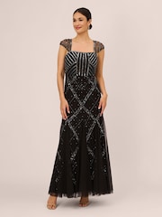 Adrianna Papell Studio Beaded Cap Sleeve Black Gown - Image 1 of 6