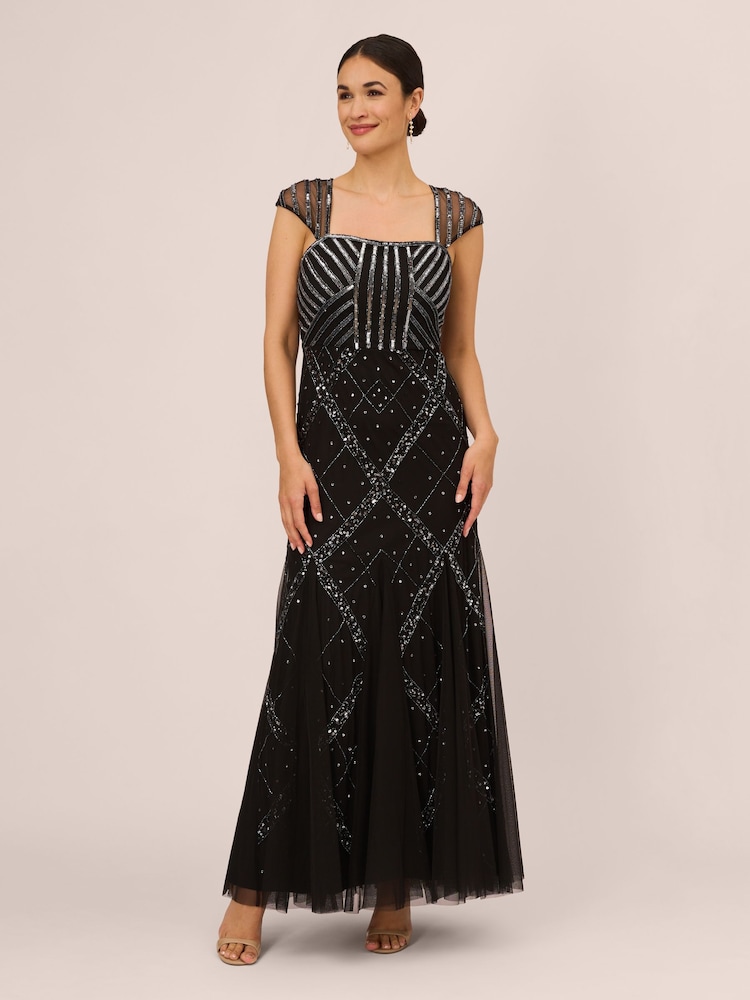 Adrianna Papell Studio Beaded Cap Sleeve Black Gown - Image 1 of 6 Adrianna Papell Studio Beaded Cap Sleeve Black Gown - Image 1 of 6