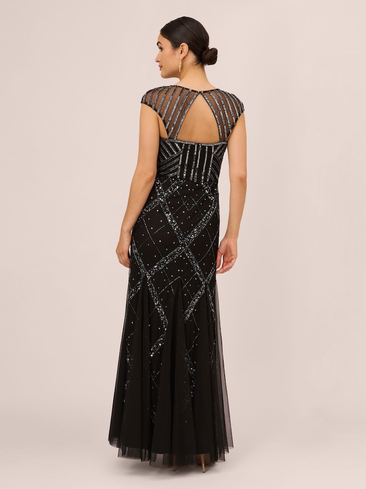 Adrianna Papell Studio Beaded Cap Sleeve Black Gown - Image 2 of 6 Adrianna Papell Studio Beaded Cap Sleeve Black Gown - Image 2 of 6