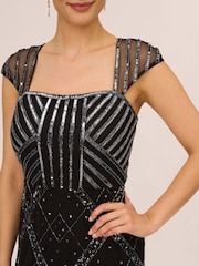 Adrianna Papell Studio Beaded Cap Sleeve Black Gown - Image 3 of 6