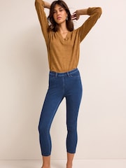 Dark Blue Denim Cropped Denim Jersey Capri Leggings - Image 2 of 6