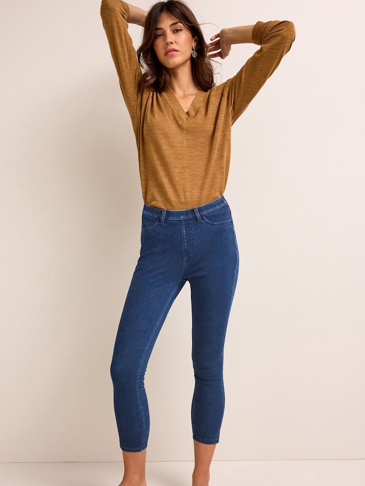 Dark Blue Denim Cropped Denim Jersey Capri Leggings - Image 2 of 6
