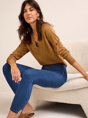 Dark Blue Denim Cropped Denim Jersey Capri Leggings - Image 4 of 6