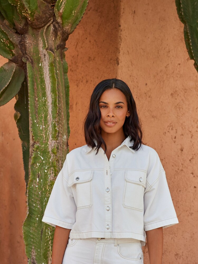 White Cropped Denim Shirt - Image 1 of 5