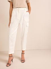 Ecru Linen Blend Cargo Taper Trousers - Image 4 of 7
