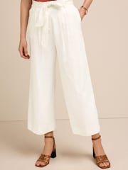 White Linen Blend Tie Waist Crop Trousers - Image 2 of 5
