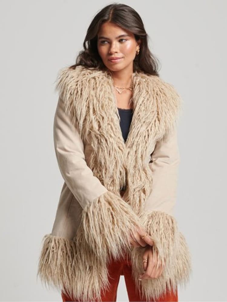 Superdry Cream Faux Fur Lined Afghan Coat - Image 1 of 6