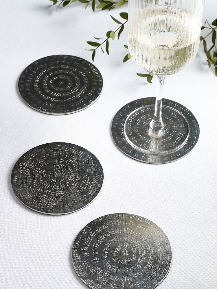 Silver Hammered Metal Placemats and Coasters Set of 4 Coasters - Image 1 of 3 Silver Hammered Metal Placemats and Coasters Set of 4 Coasters - Image 1 of 3
