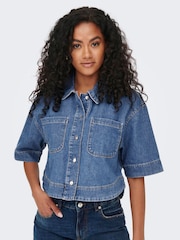ONLY Blue Boxy Cropped Denim Shirt - Image 1 of 8