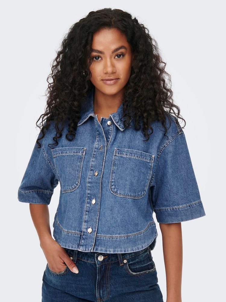ONLY Blue Boxy Cropped Denim Shirt - Image 1 of 8 ONLY Blue Boxy Cropped Denim Shirt - Image 1 of 8