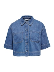ONLY Blue Boxy Cropped Denim Shirt - Image 4 of 8