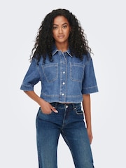 ONLY Blue Boxy Cropped Denim Shirt - Image 6 of 8