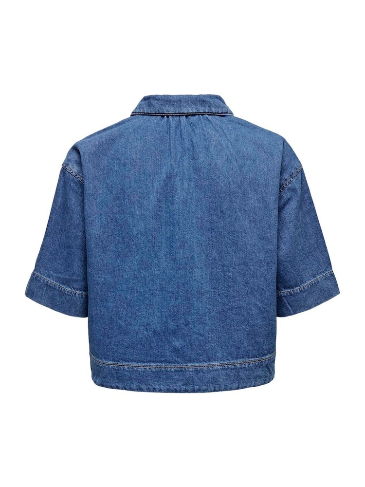 ONLY Blue Boxy Cropped Denim Shirt - Image 8 of 8 ONLY Blue Boxy Cropped Denim Shirt - Image 8 of 8