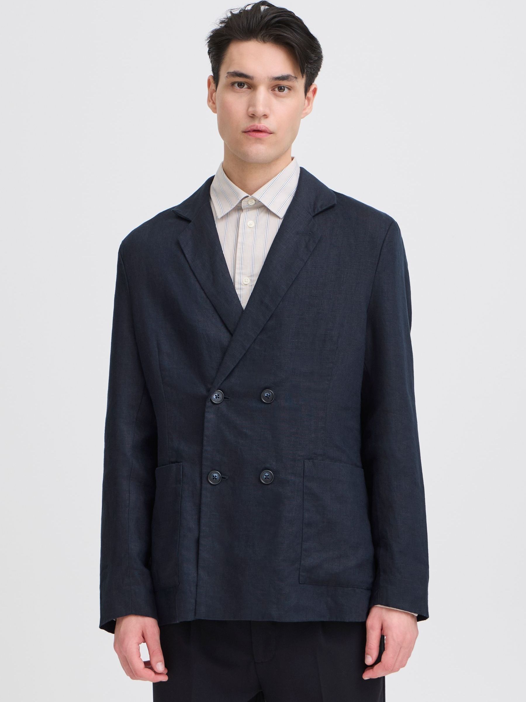 Casual Friday Men's Blue Double Breasted Regular Fit Linen Blazer