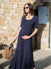 Seraphine Blue Tiered Maternity Maxi Dress With Nursing Access - Image 1 of 6