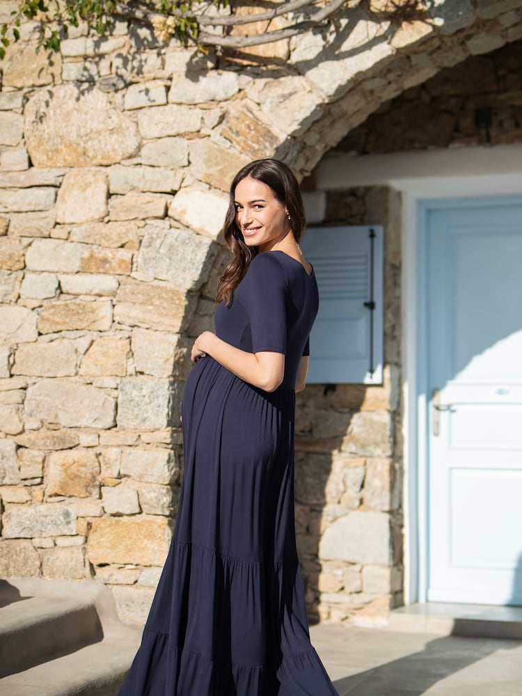 Seraphine Blue Tiered Maternity Maxi Dress With Nursing Access - Image 2 of 6