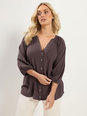 Yours Curve Brown Chambray 3/4 Sleeve Blouse - Image 1 of 5