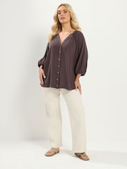 Yours Curve Brown Chambray 3/4 Sleeve Blouse - Image 2 of 5