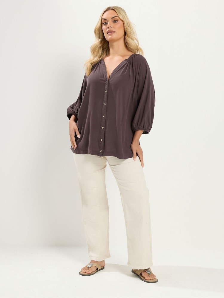 Yours Curve Brown Chambray 3/4 Sleeve Blouse - Image 2 of 5 Yours Curve Brown Chambray 3/4 Sleeve Blouse - Image 2 of 5