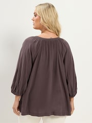 Yours Curve Brown Chambray 3/4 Sleeve Blouse - Image 3 of 5