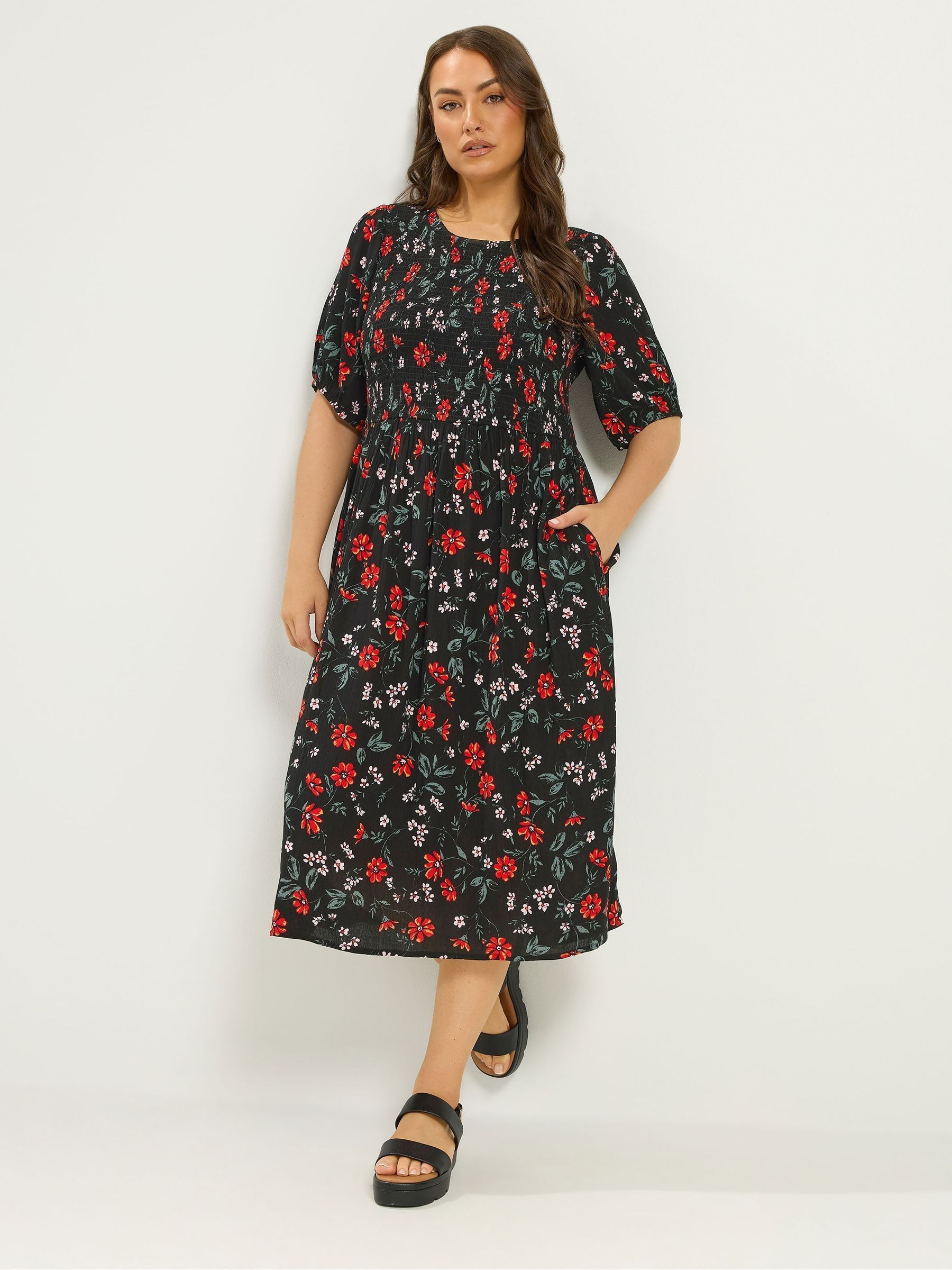 Yours Curve Women's Black Floral Puff Sleeve Shirred Dress
