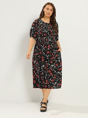 Yours Curve Black Floral Puff Sleeve Shirred Dress - Image 2 of 5