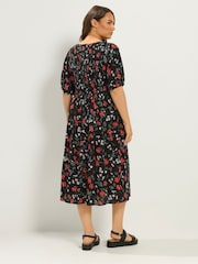 Yours Curve Black Floral Puff Sleeve Shirred Dress - Image 3 of 5
